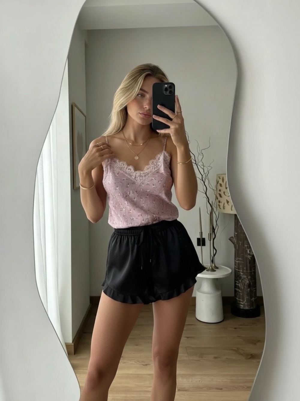 Pink Lace Cami and Black Satin Shorts Loungewear Pairing
